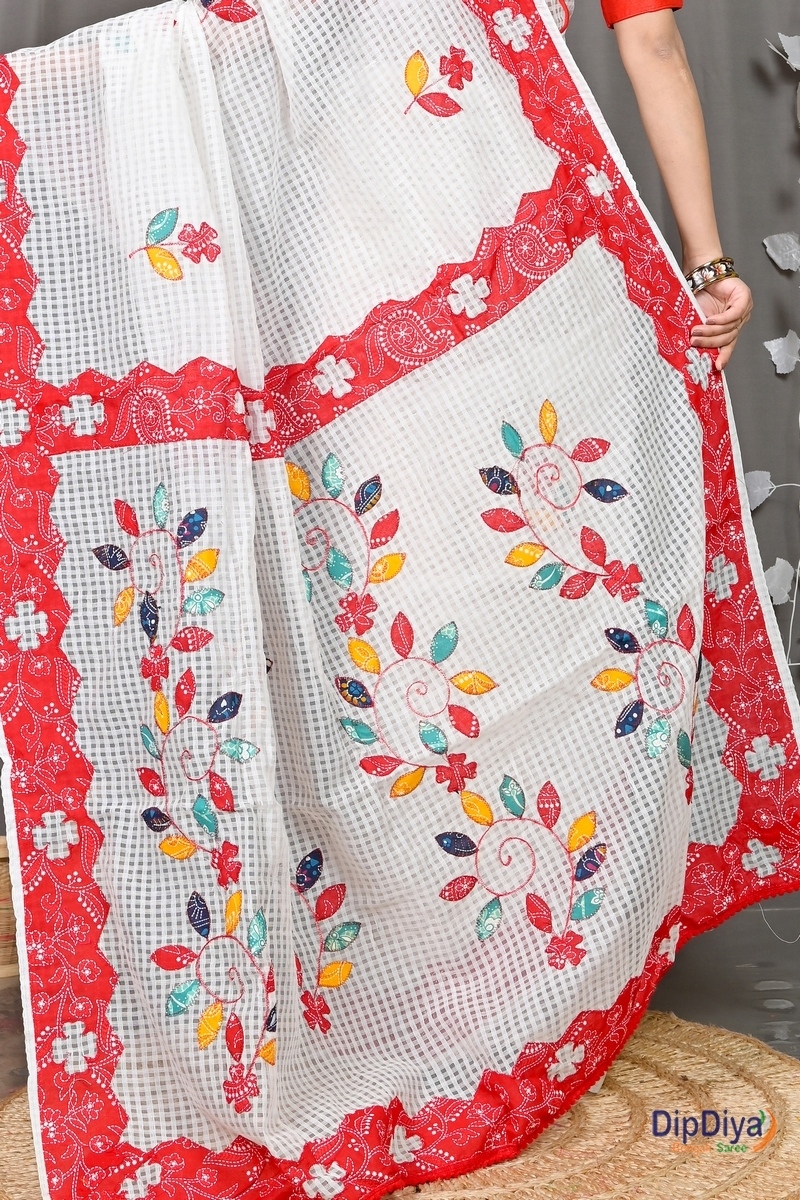 White Red Cotton Variti Aplic Applique Saree (612)